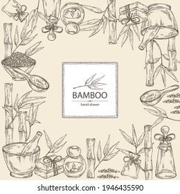 Background with bamboo: bamboo stalk and leaves, soap and bath salt . Cosmetic and medical plant. Vector hand drawn illustration. 