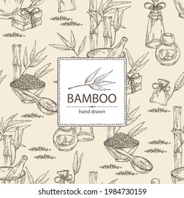 Background with bamboo: bamboo stalk and leaves, soap and bath salt . Cosmetic and medical plant. Vector hand drawn illustration. 