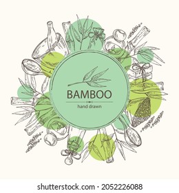 Background with bamboo: bamboo stalk and leaves, soap and bath salt . Cosmetic and medical plant. Vector hand drawn illustration. 