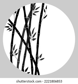 Background with bamboo trees. Round frame with bamboo branches and leaves, space for text. Natural theme, template for postcard, ad, minimalistic design. Black silhouette of bamboo trunks on a white