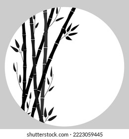 Background with bamboo trees. Round frame, inside a vegetative Asian landscape. Minimalist postcard. Black plants on a white background. Macro drawing of stems, leaves, sticks of bamboo. Vector