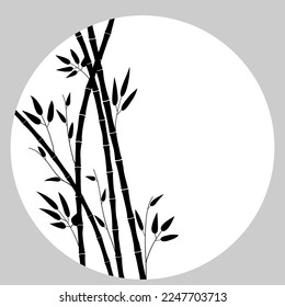 Background with bamboo trees. Round frame, natural composition inside. Minimalist postcard. Silhouette of black plants on a white background. Macro drawing of stems, leaves, sticks of bamboo. Vector