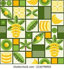 Background with banana design elements in simple geometric style with grid. Seamless pattern with abstract shapes. Good for branding, decoration of food package, cover design, decorative print