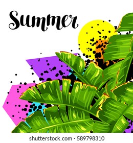 Background with banana palm leaves. Decorative tropical foliage.