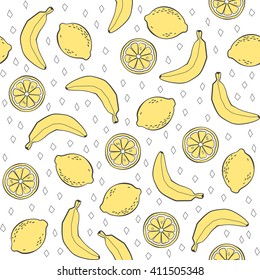 Background with bananas and lemons. Vector cute fruits seamless pattern.