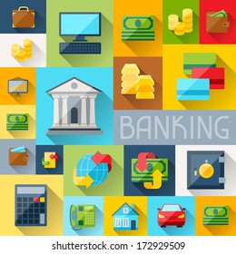Background with banking icons in flat design style.
