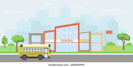 Background for banner back to school. Summer cityscape with school building and yellow bus.