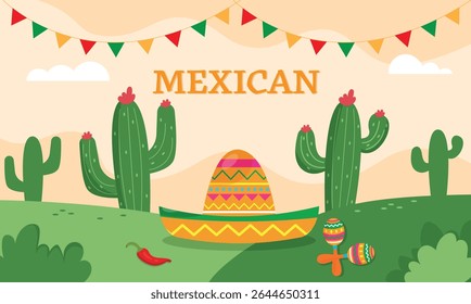 Background, banner with cacti and a Mexican hat in Mexican style. Mexico. vector graphics