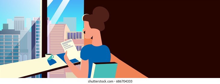 Background for the banner of a cafe, a coffee house and a restaurant. A girl is sitting in an institution with a view of the city.  Vector flat illustration.