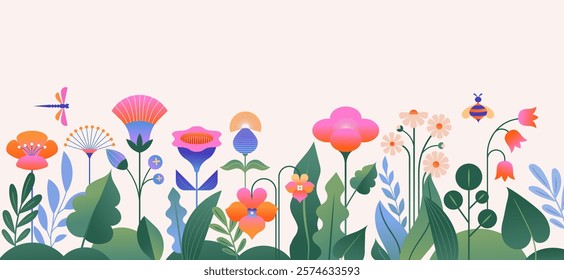 Background and banner decorated with pastel colors blooming flowers and leaves. Spring, Easter, Summer theme with dragonfly, butterfly and bee. Flat vector illustration in flat folk geometric style.