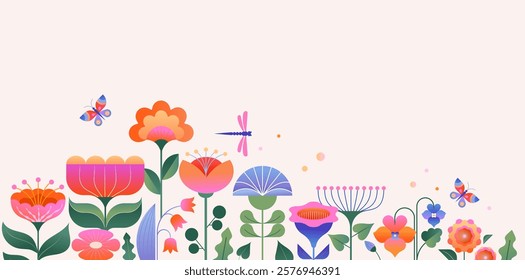 Background and banner decorated with pastel colors blooming flowers and leaves. Spring, Easter, Summer theme with dragonfly, butterfly and bee. Flat vector illustration in flat folk geometric style.