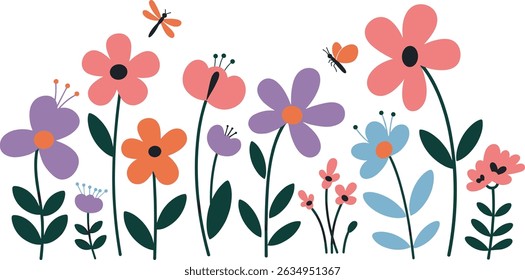 Background and banner decorated with pastel colors blooming flowers and leaves. Spring, Easter, Summer theme with dragonfly, butterfly and bee. Flat folk geometric style