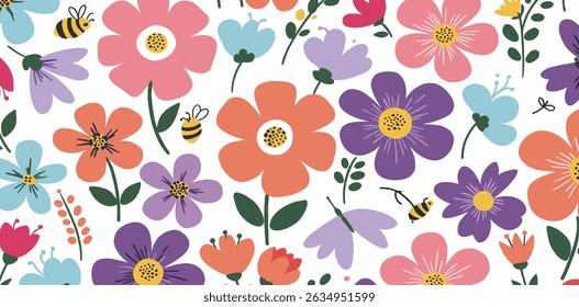 Background and banner decorated with pastel colors blooming flowers and leaves. Spring, Easter, Summer theme with dragonfly, butterfly and bee. Flat folk geometric style