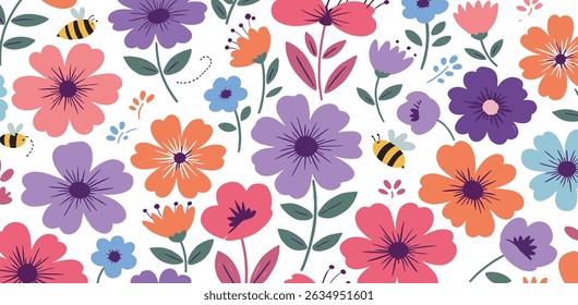 Background and banner decorated with pastel colors blooming flowers and leaves. Spring, Easter, Summer theme with dragonfly, butterfly and bee. Flat folk geometric style