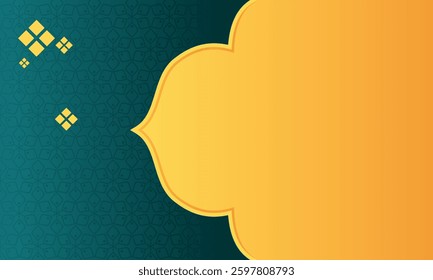 A background banner design with an Islamic theme, featuring a gold ornamental shape on a teal gradient background. This design is ideal for Islamic events, greetings, or cultural presentations.