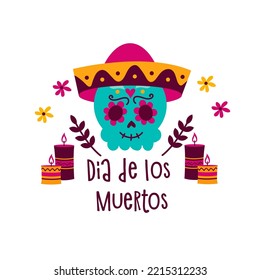 Background banner with elements of Mexican culture, a skull, candles and an lettering dia de los muertos