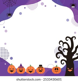 Background, banner, frame design background in autumn season Halloween concept. There are pumpkin, tree and spider characters with various expressions on an abstract, geometric pattern background.