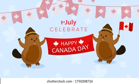 background banner greeting canada day with beaver holding canada's flag