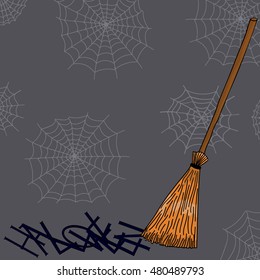Background for banner Halloween. Broom and spider web on a dark background. Halloween card. Halloween broom. Hand drawing. Vector illustration.