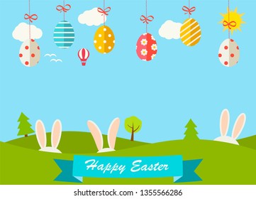 Background or banner with hanging eggs, rabbits and landscape, vector illustration. Happy Easter greeting card - Vector