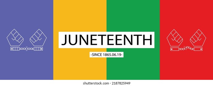 background, banner, illustration, template, backdrop. In picture have red,yellow,green,blue with word JUNETEENTH 1865.06.19