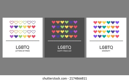 Background, banner, illustration, template. There are three styles in the image, with six hearts, red, orange, yellow, green, blue, purple, with words in the picture.