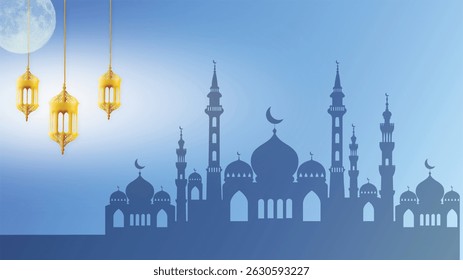 Background banner background Islamic Ramadan Kareem with the Lentera Ramadhan Eid Mubarak Mosque



