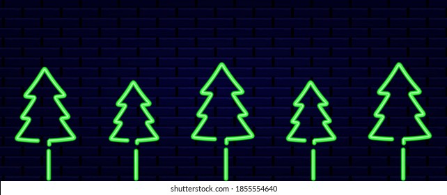 Background, banner with neon green Christmas trees. Symbol of Happy New Year, Merry Christmas holiday celebration. Bright shiny design vector illustration.