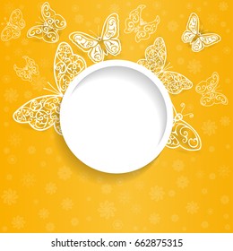 Background banner with  paper openwork butterfly and flowers