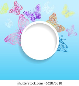 Background banner with  paper openwork butterfly and flowers