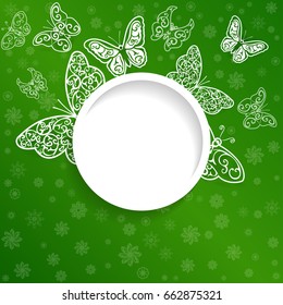 Background banner with  paper openwork butterfly and flowers on green