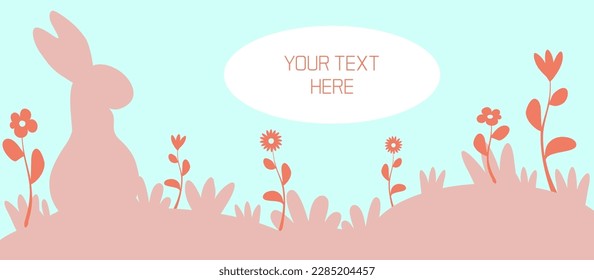 Background for banner, poster, greeting card to celebrate Happy Easter. Trendy and minimalist design with flower garden and bunny. Place to add text. Soft and pastel colors.