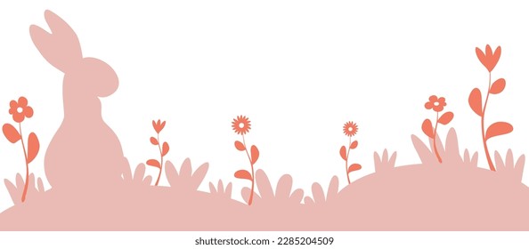 Background for banner, poster, greeting card to celebrate Happy Easter. Trendy and minimalist design with flower garden and bunny. Place to add text. Soft and pastel colors.