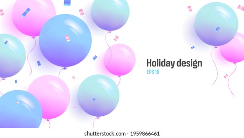 Background for banner with round 3d balloons and confetti in pastel soft colors with place for copy