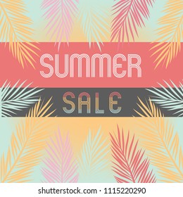 Background, banner. Summer Sale Tropical Paradise with palm leaves and pastel colors. 