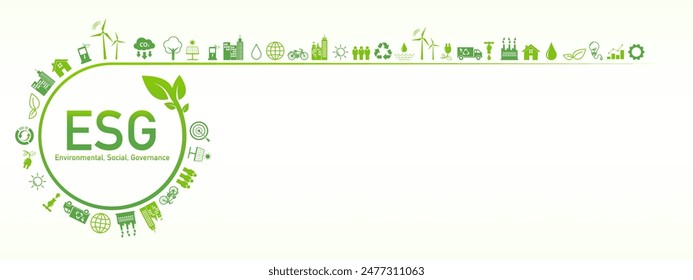 Background Banner for Sustainability development, ESG, green energy, sustainable industry, ecological production concept. Environmental, Social, Corporate Governance, Vector illustration