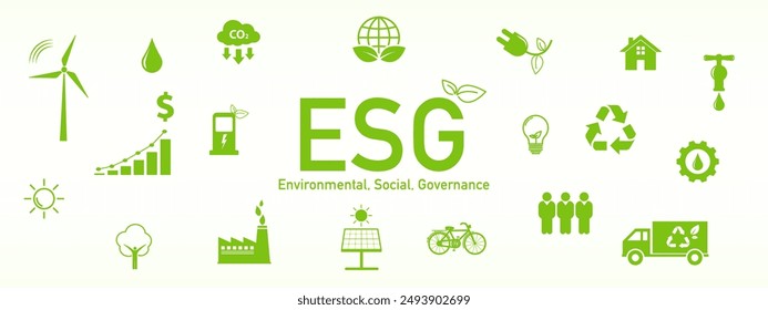 Background Banner for Sustainability development, ESG, green energy, sustainable industry, ecological production concept. Environmental, Social, Corporate Governance, Vector illustration