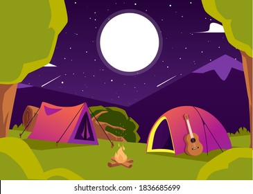 Background or banner template with starry tents in mountain camping site, cartoon flat vector illustration. Card or poster design for tourism and hiking topic.