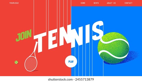 background, banner, tennis picture, racket on a red background, ball on a blue background, vector graphics, illustration, text