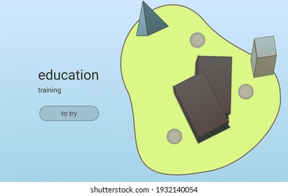 Background, banner of text, title, graphics, illustrations with a book and abstract shapes: circle, pyramid (triangle), cube