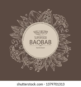 Background with baobab: baobab fruit, seeds, tree and leaves. Super food. Vector hand drawn illustration