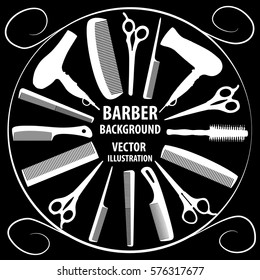 Background for barber and hairdresser. Black and white image of a barber and hairdresser tools. Vector illustration.