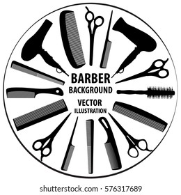 Background for barber and hairdresser. Black and white image of a barber and hairdresser tools. Vector illustration.