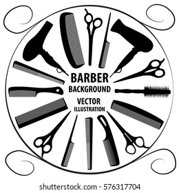 Background for barber and hairdresser. Black and white image of a barber and hairdresser tools. Vector illustration.