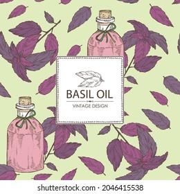 Background with basil:leaf, basil plant and bottle of basil essential oil. Cosmetic, perfumery and medical plant. Vector hand drawn illustration.