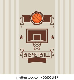 Background with basketball, ball, hoop and labels.