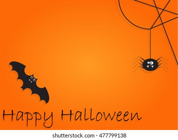 Background with bat and spider on orange for Halloween Party night, vector illustration