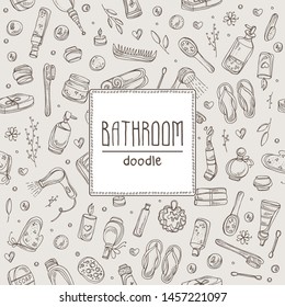 Background with bathroom signs and icons. Hand drawn vector doodles illustration.