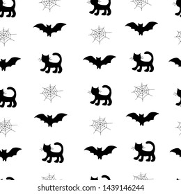 Background of bats and a black cat for Halloween. Vector hand drawing. Background to create mood on samhain. Monochrome minimalistic motif for designs.
