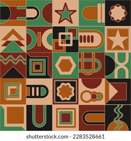 Antecedentes al estilo Bauhaus. Conjunto de 25 imágenes cuadradas diferentes en estilo de diseño industrial conceptual. Paleta de color verde marrón. Ilustración del vector
